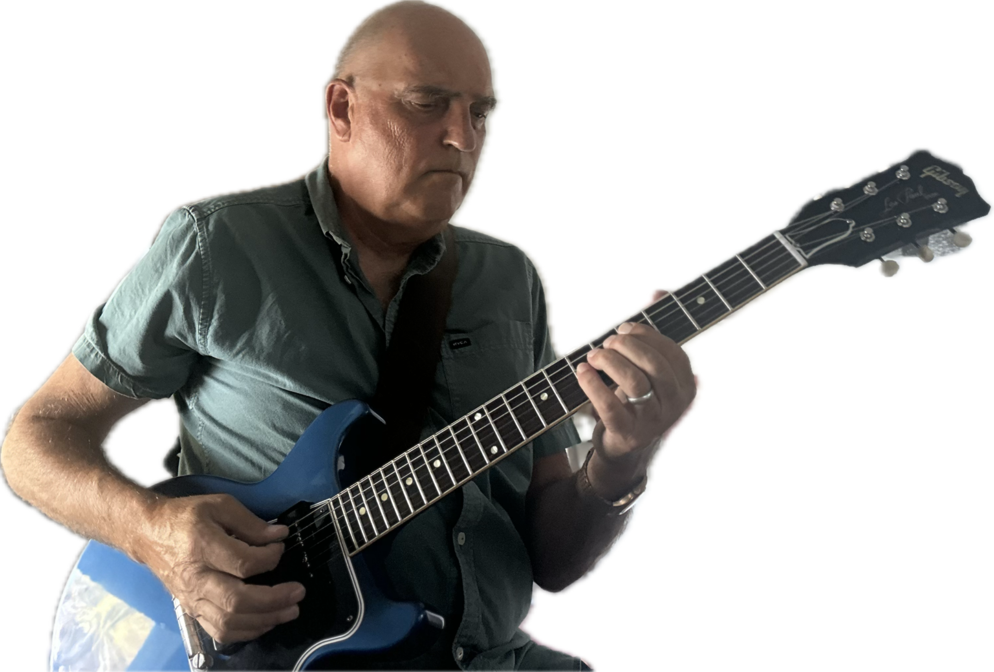 Ryan Hold playing a blue Gibson guitar
